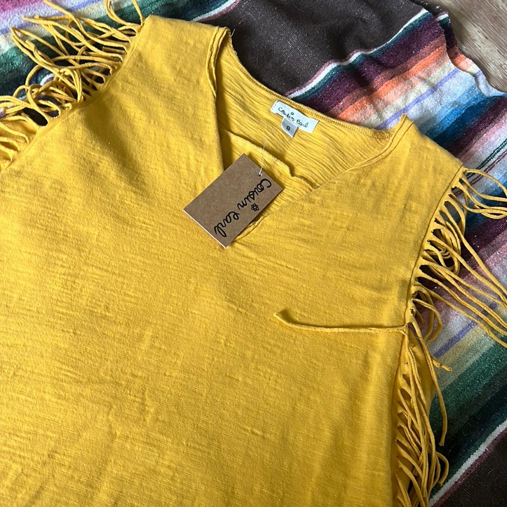 NWT Cousin Earl ( Ivy Jane) brand fringed v neck yellow sleeveless top.